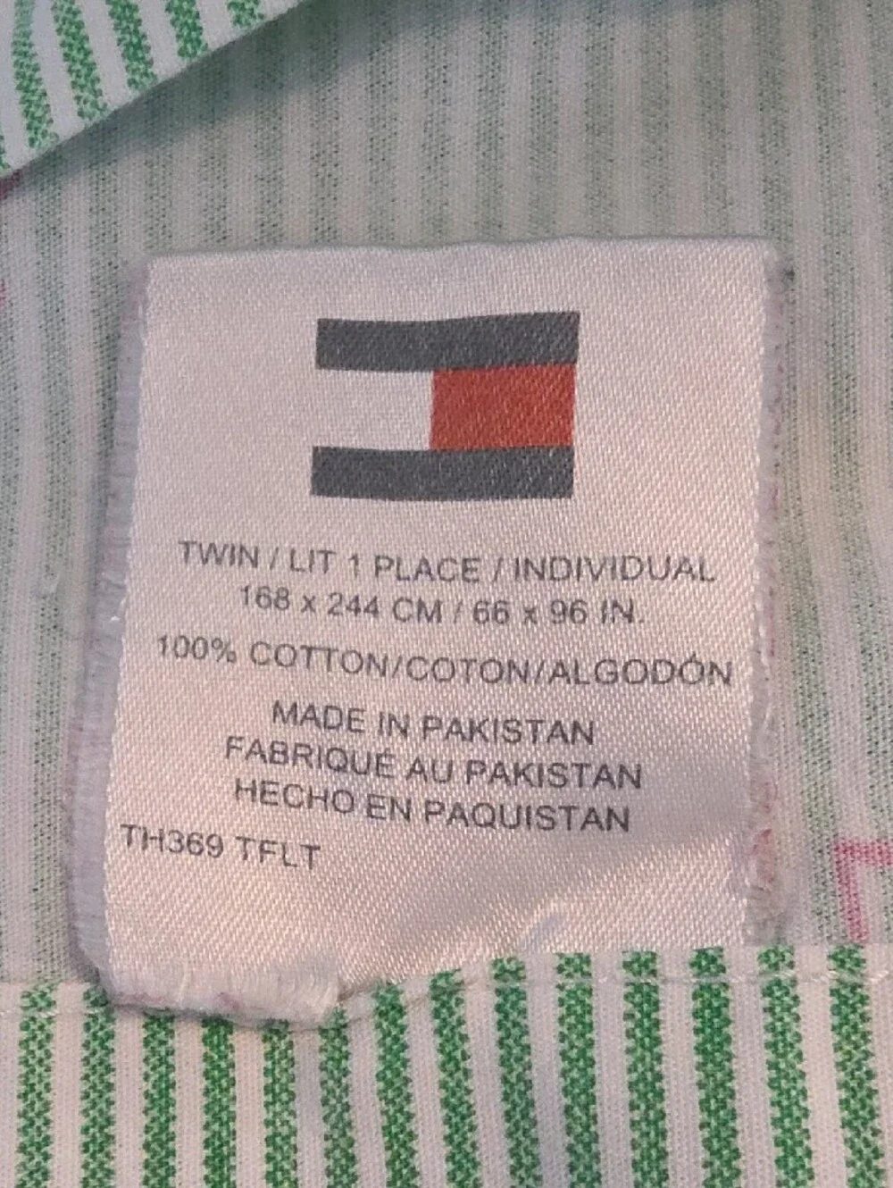 Tommy Hilfiger Green White Striped Pink Flamingo Cotton Twin Sheet